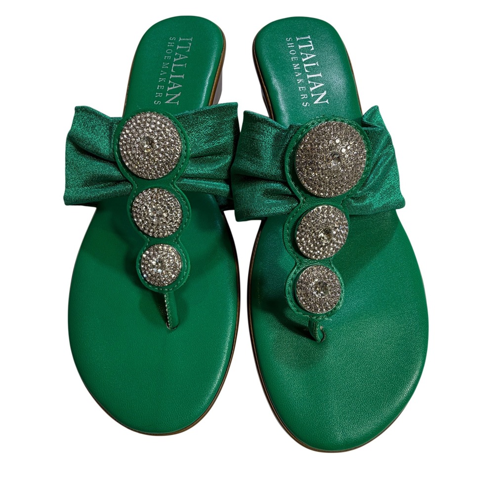 Italian Shoemakers Green Rhinestone Bow Wedge Sandals Size 9 Resort Glam - Picture 4 of 6